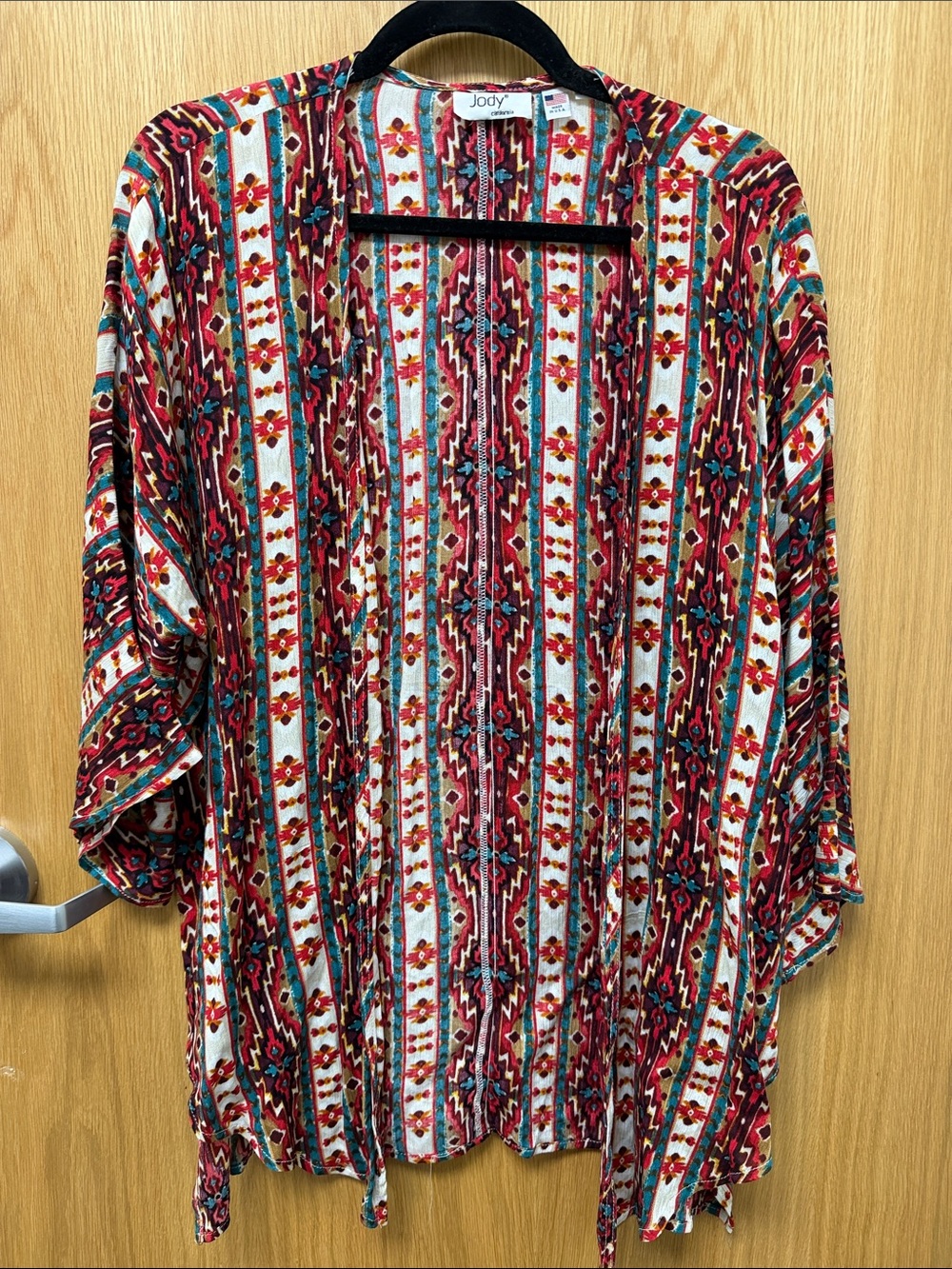 Vintage Jody California Red & Teal Aztec Open-Front Kimono